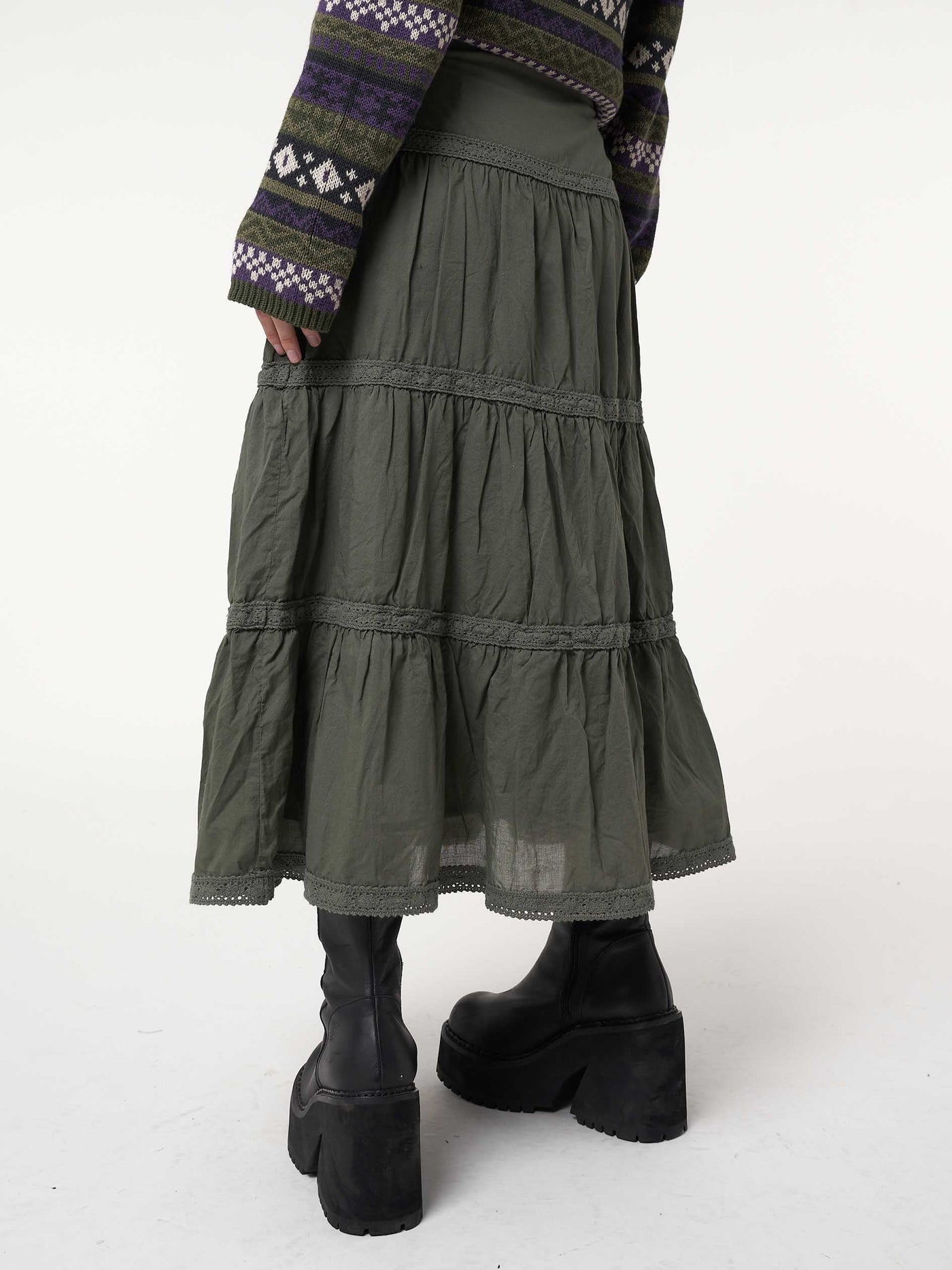 Foggy Green Ruffle Lace Maxi Skirt - Minga London