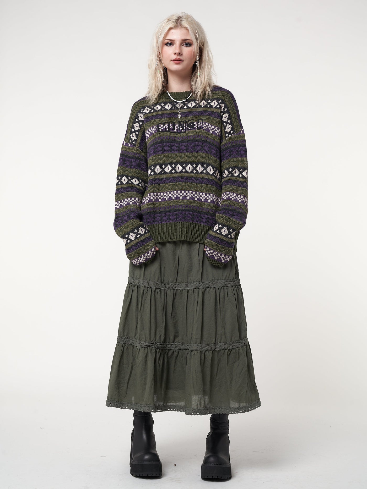 Foggy Green Ruffle Lace Maxi Skirt - Minga London