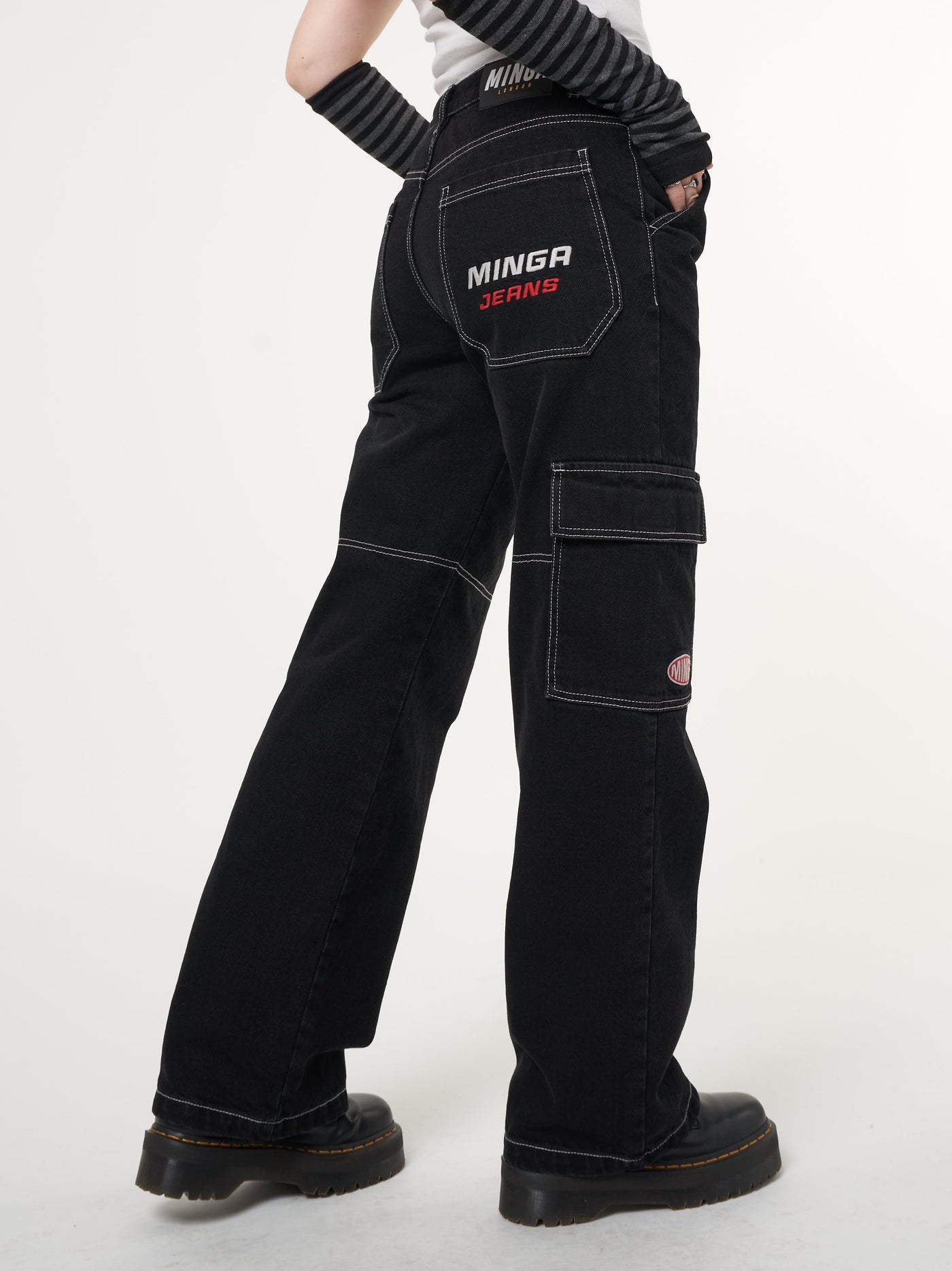 Jet Black Y2K Contrast Stitch Cargo Pants - Minga London