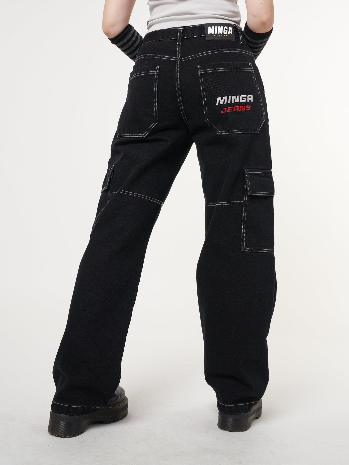 Jet Black Y2K Contrast Stitch Cargo Pants - Minga London