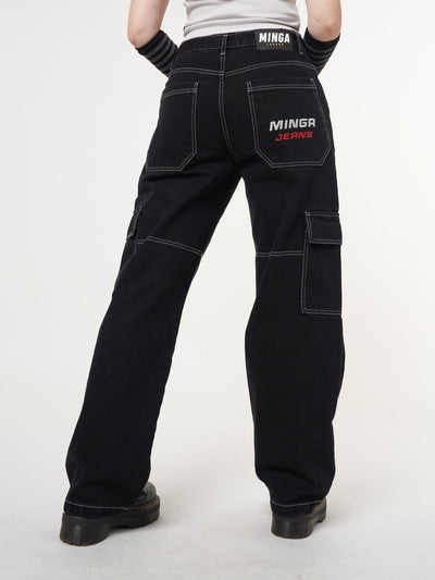 Jet Black Y2K Contrast Stitch Cargo Pants - Minga London