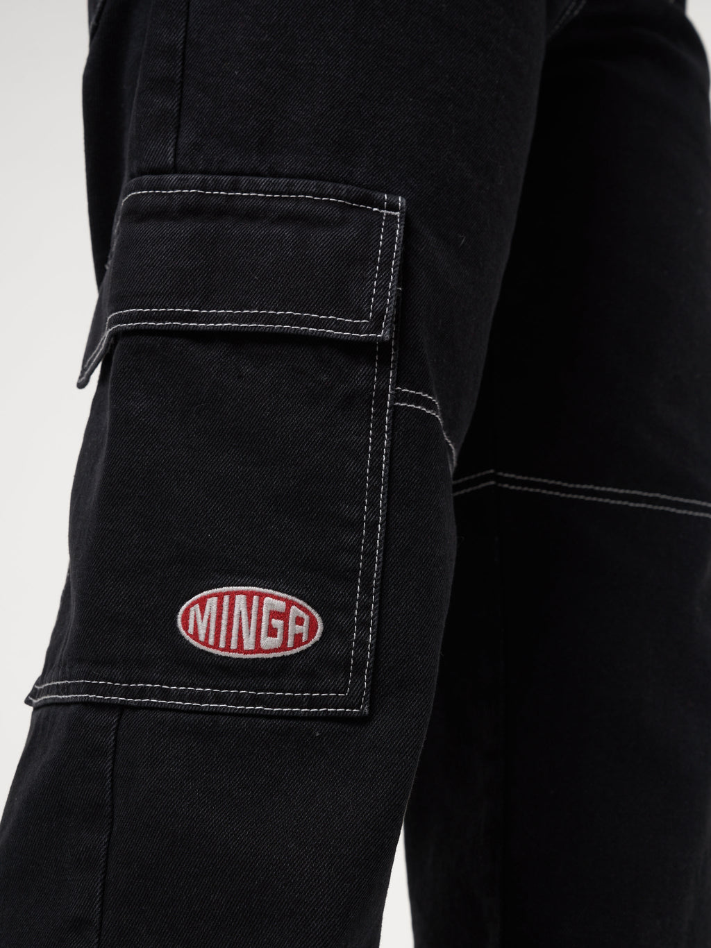 Jet Black Y2K Contrast Stitch Cargo Pants - Minga London