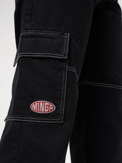 Jet Black Y2K Contrast Stitch Cargo Pants - Minga London