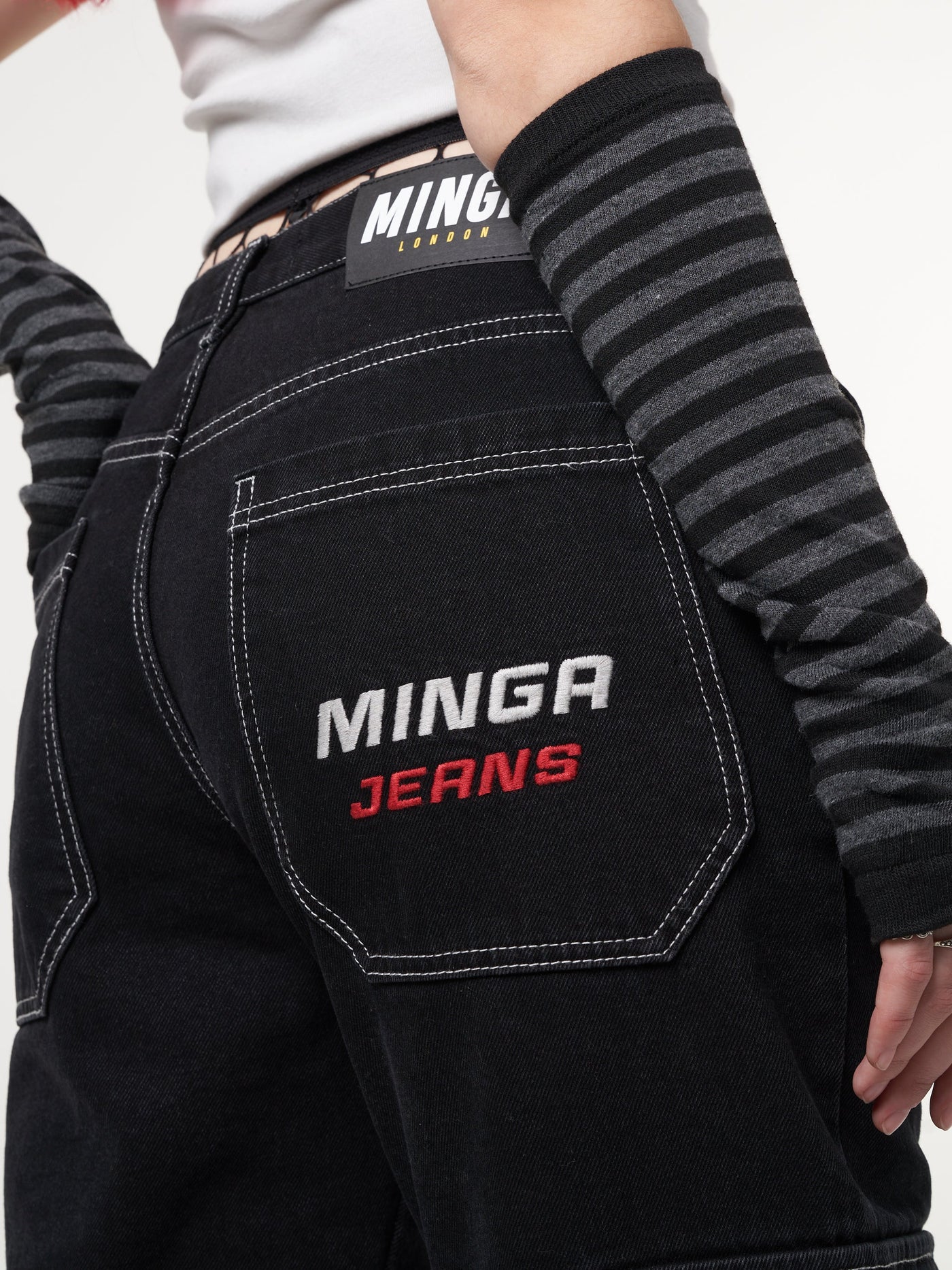Jet Black Y2K Contrast Stitch Cargo Pants - Minga London