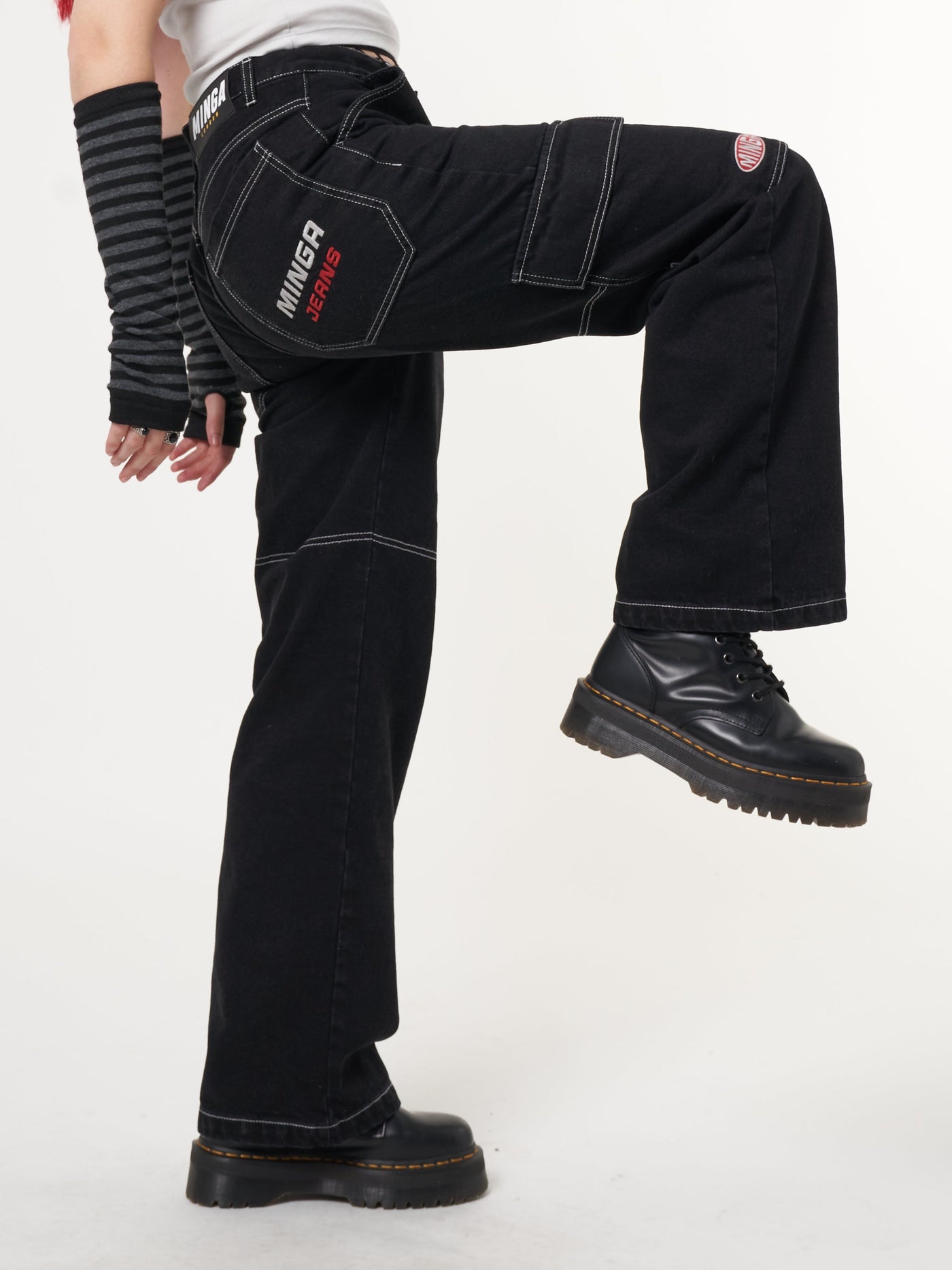 Jet Black Y2K Contrast Stitch Cargo Pants - Minga London