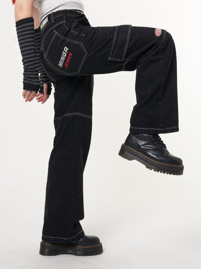 Jet Black Y2K Contrast Stitch Cargo Pants - Minga London