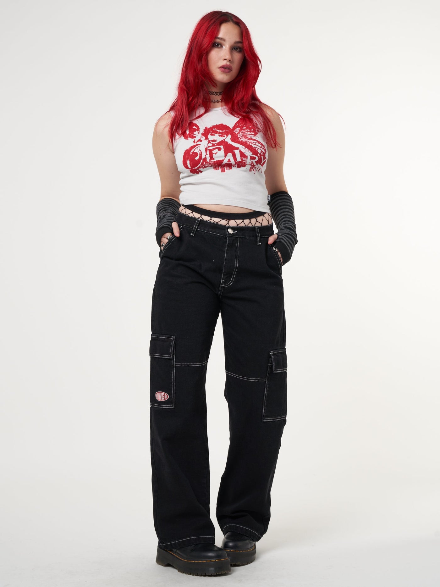 Jet Black Y2K Contrast Stitch Cargo Pants - Minga London