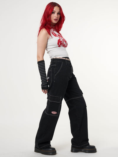 Jet Black Y2K Contrast Stitch Cargo Pants - Minga London