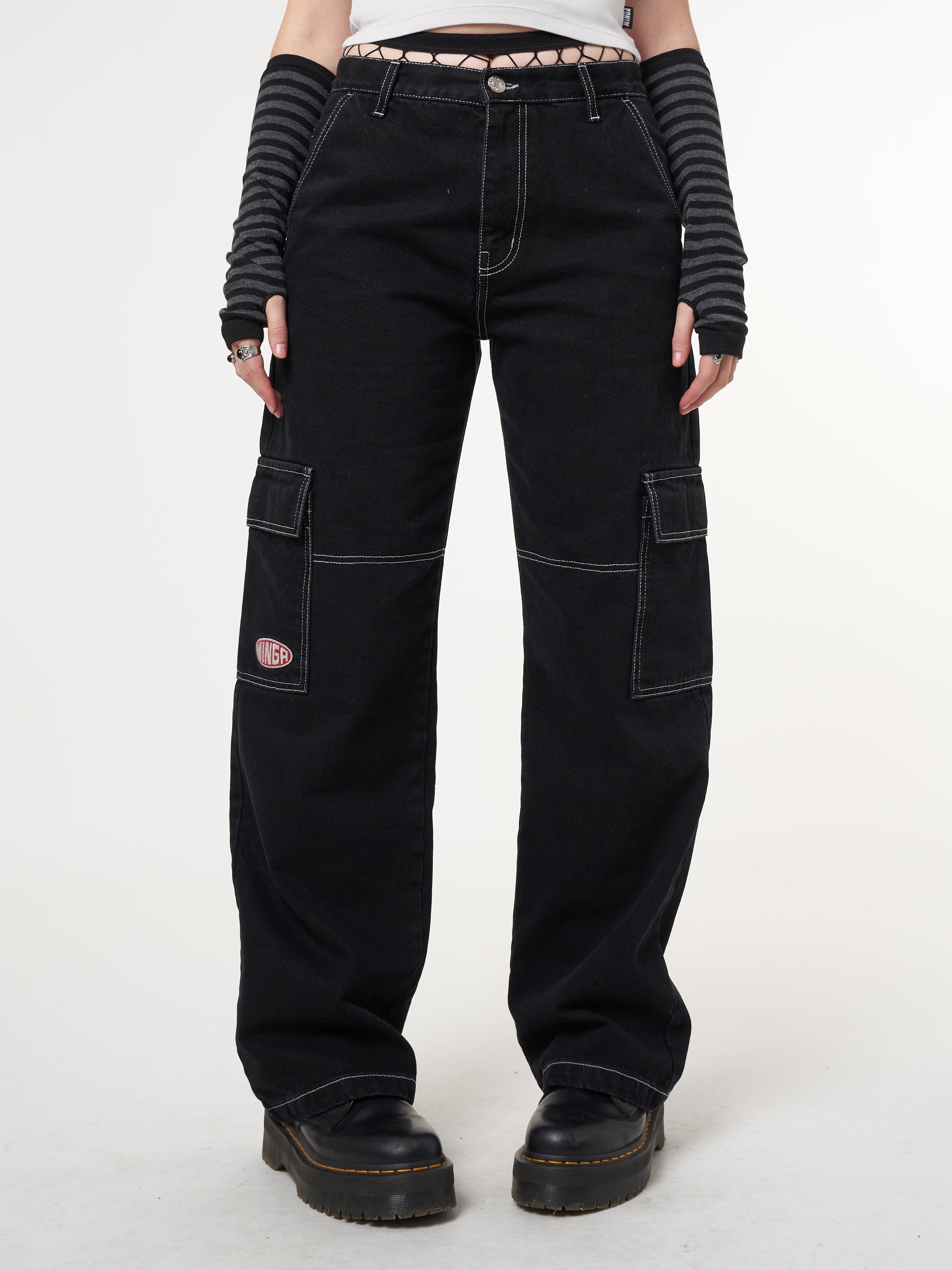 Jet Black Y2K Contrast Stitch Cargo Pants - Minga London