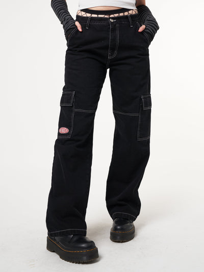 Jet Black Y2K Contrast Stitch Cargo Pants - Minga London