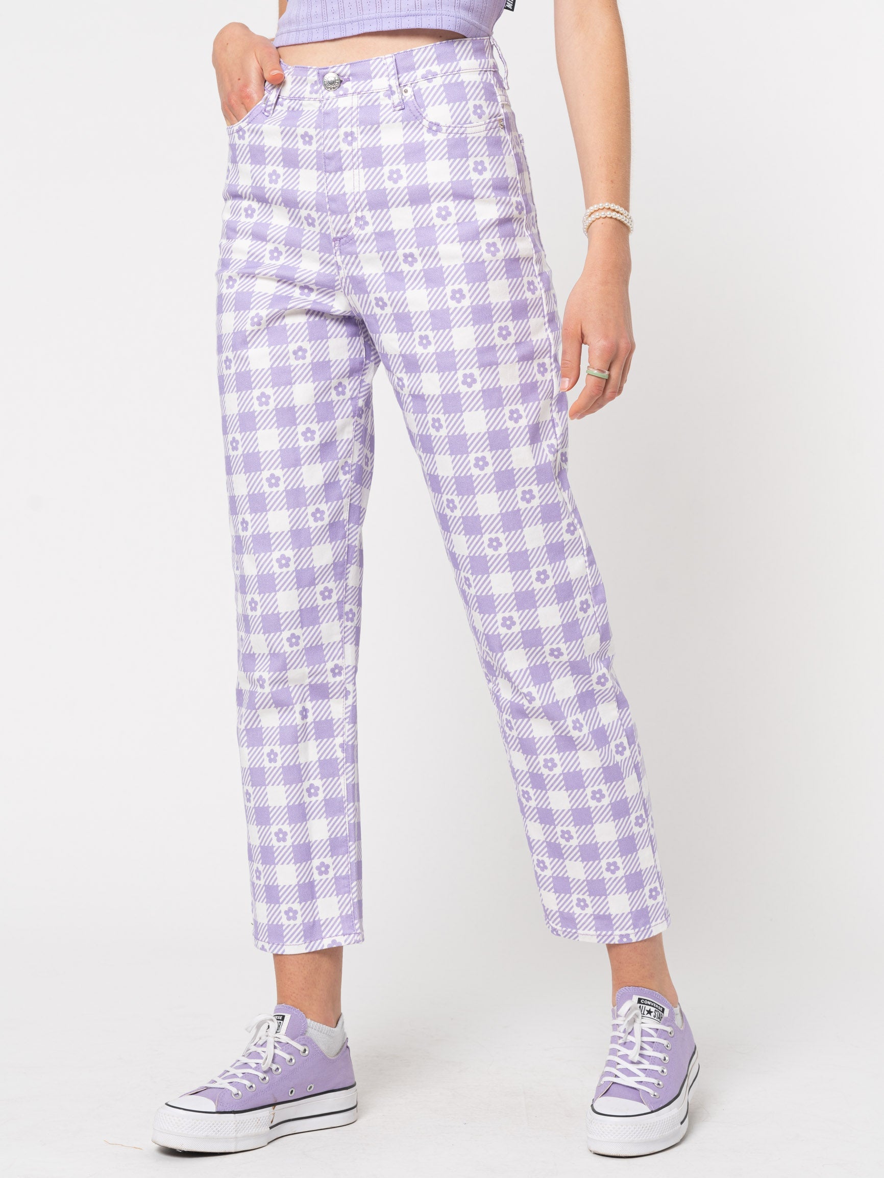 Floral Gingham Lilac Check Mom Jeans - Minga London