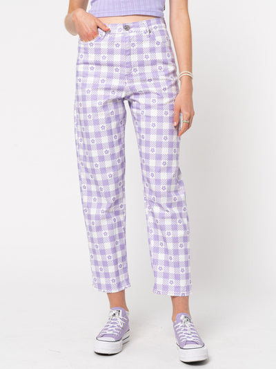 Floral Gingham Lilac Check Mom Jeans - Minga London