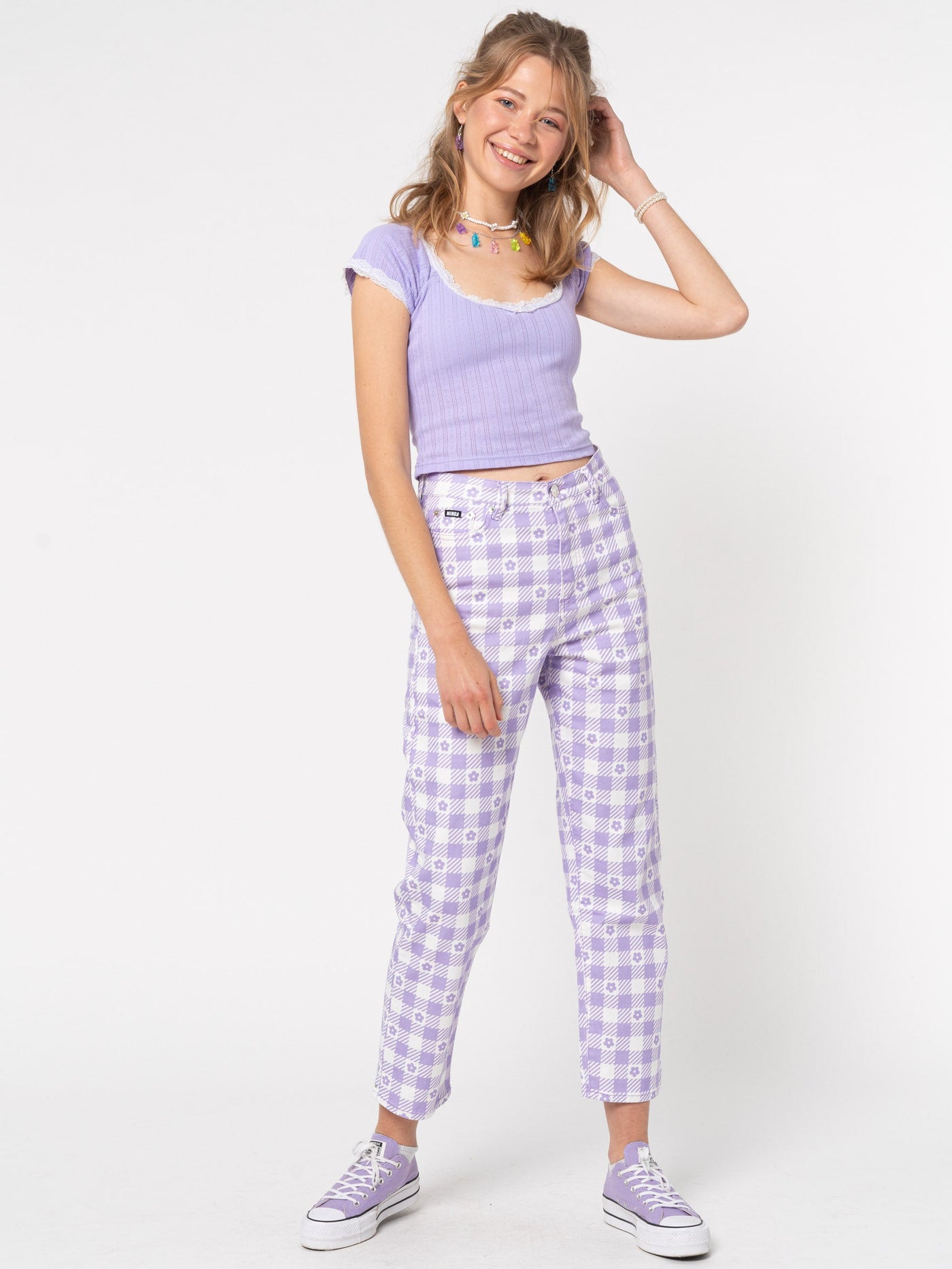 Floral Gingham Lilac Check Mom Jeans - Minga London