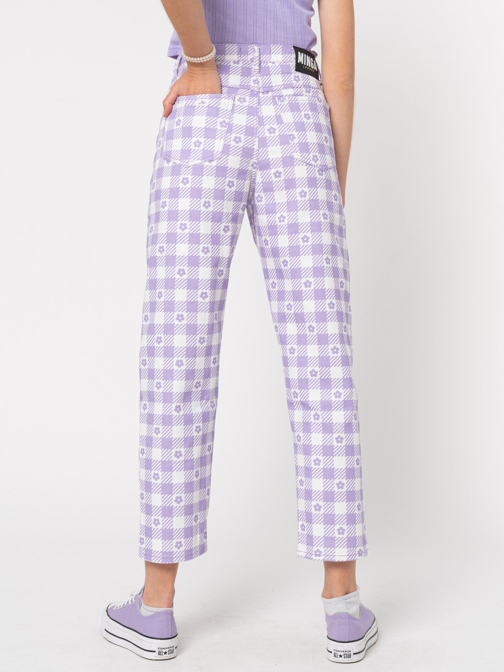 Floral Gingham Lilac Check Mom Jeans - Minga London