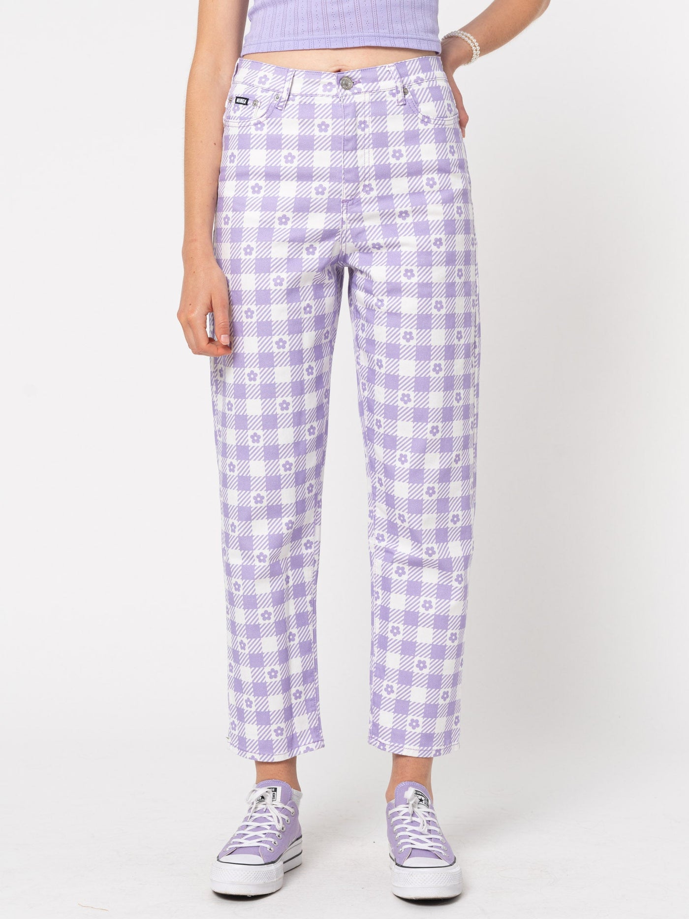 Floral Gingham Lilac Check Mom Jeans - Minga London