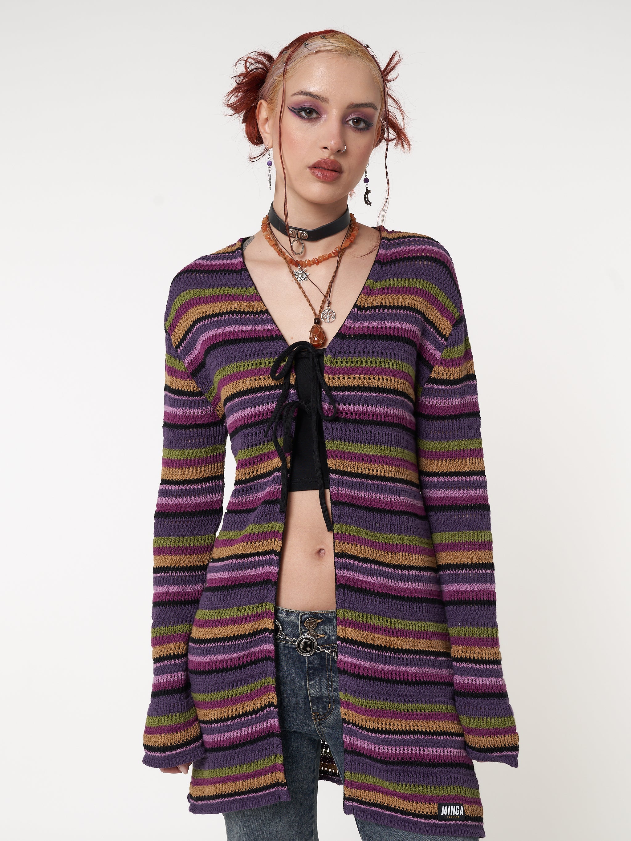 Luna Striped Tie Front Knit Cardigan - Minga London