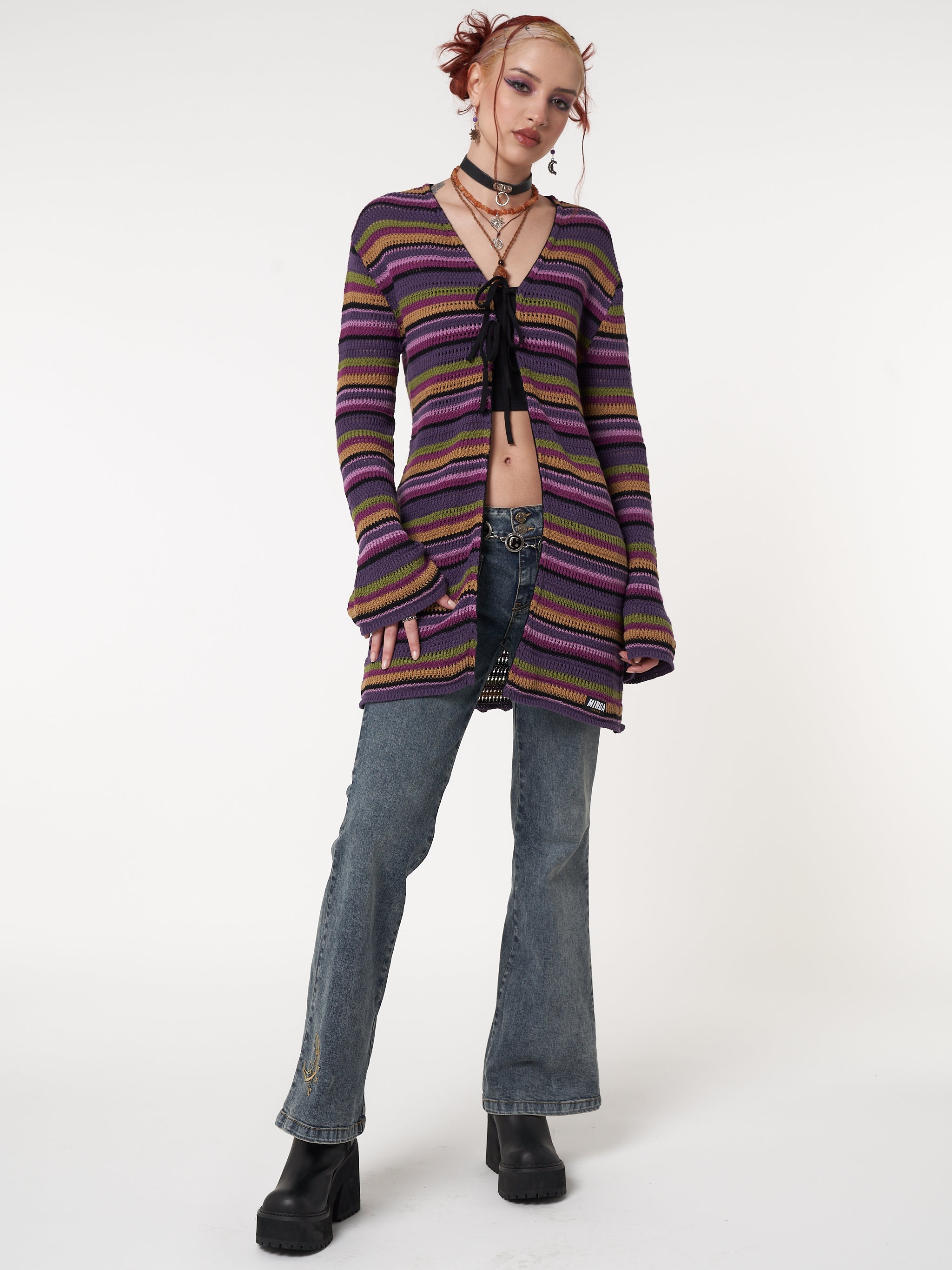 Luna Striped Tie Front Knit Cardigan - Minga London