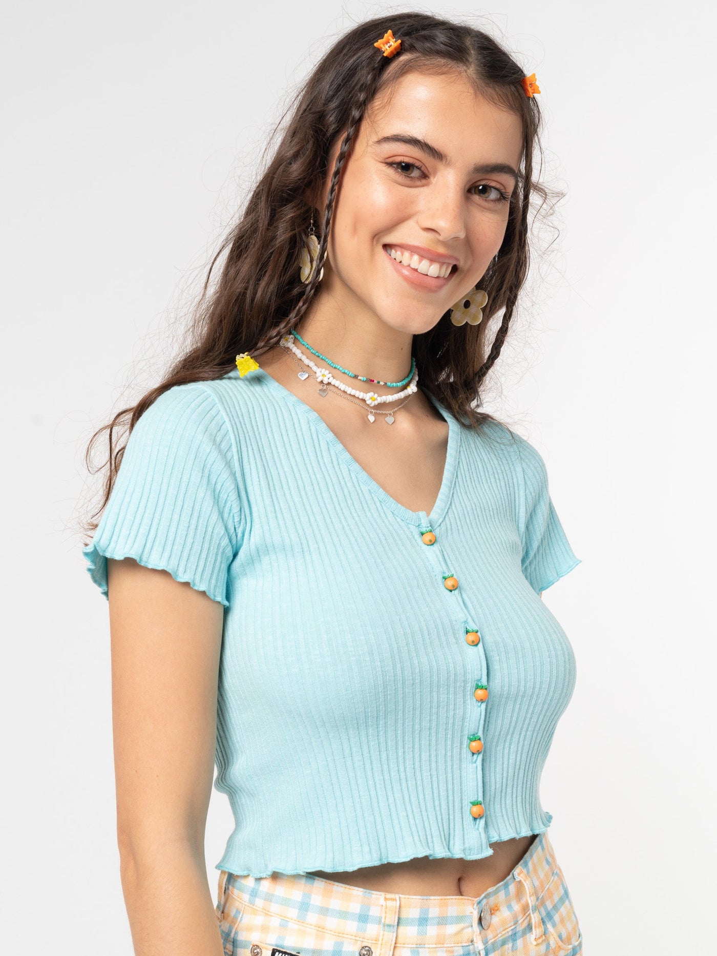 Blue Mist Ruffle Button-Down Top - Minga London