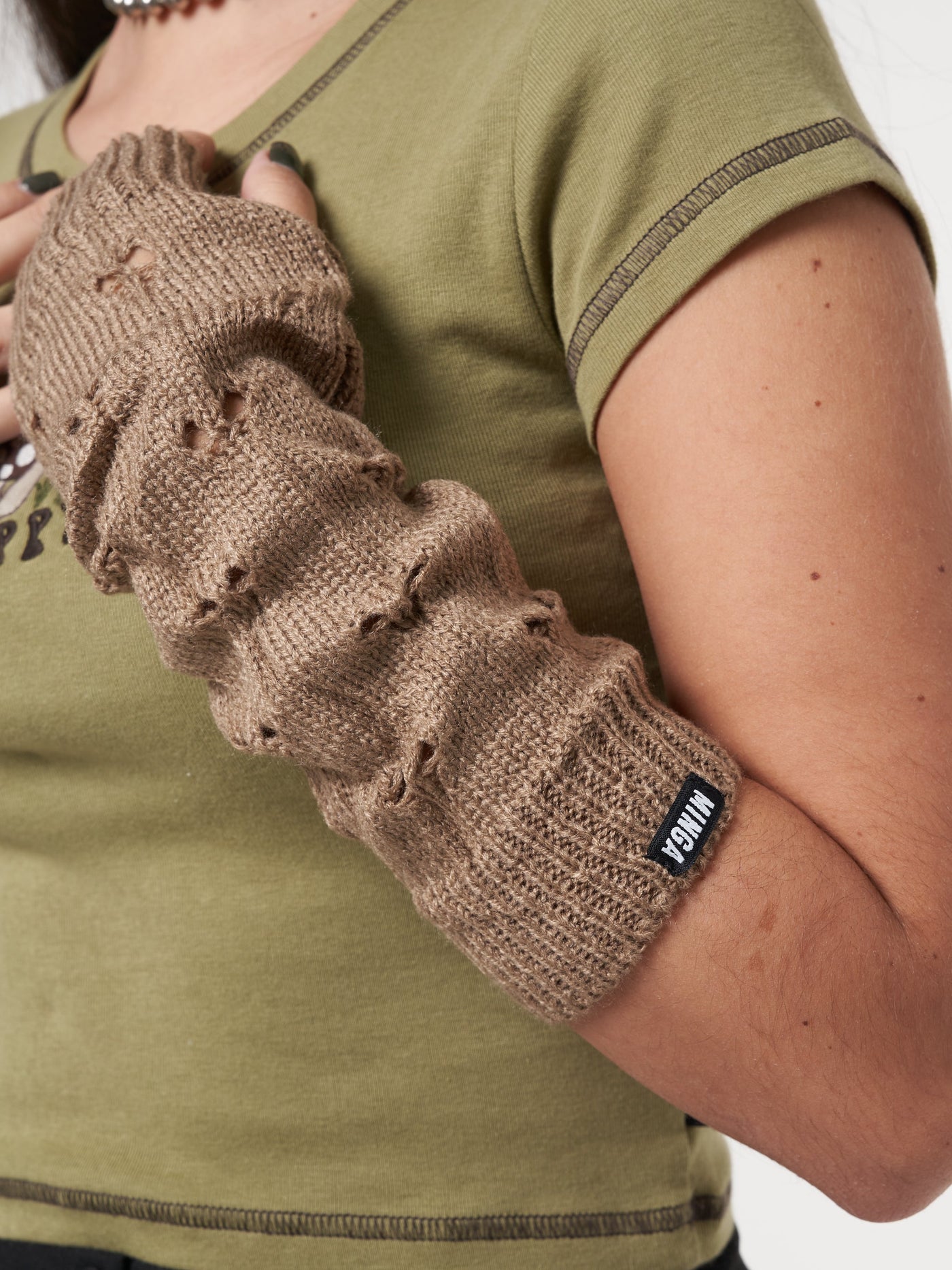Pale Brown Distressed Arm Warmers - Minga London