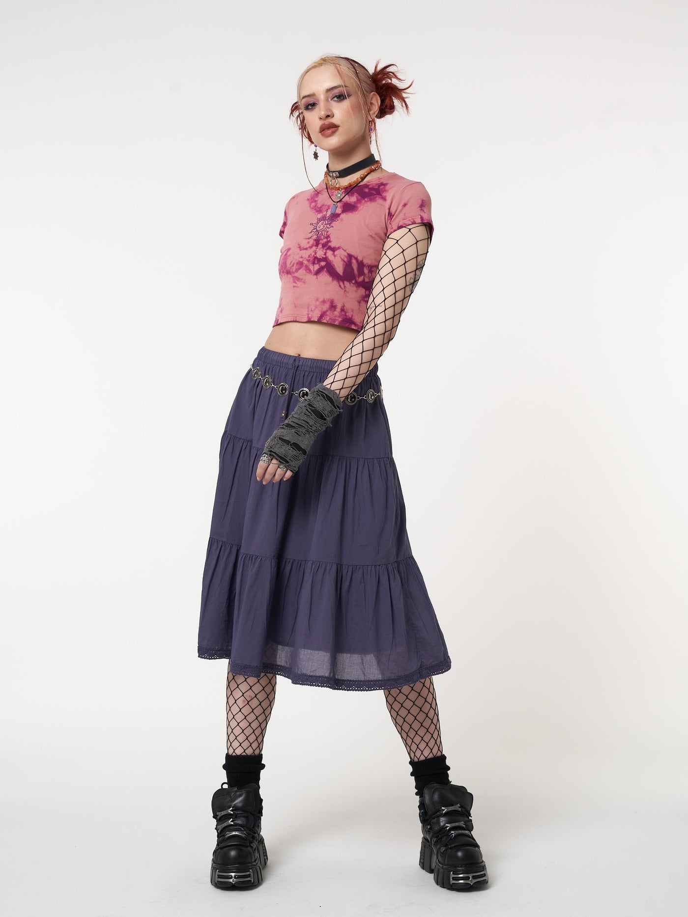 Purple Mist Ruffle Lace Midi Skirt - Minga London