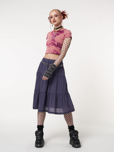 Purple Mist Ruffle Lace Midi Skirt - Minga London