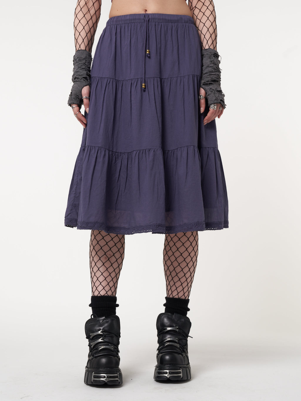Purple Mist Ruffle Lace Midi Skirt - Minga London