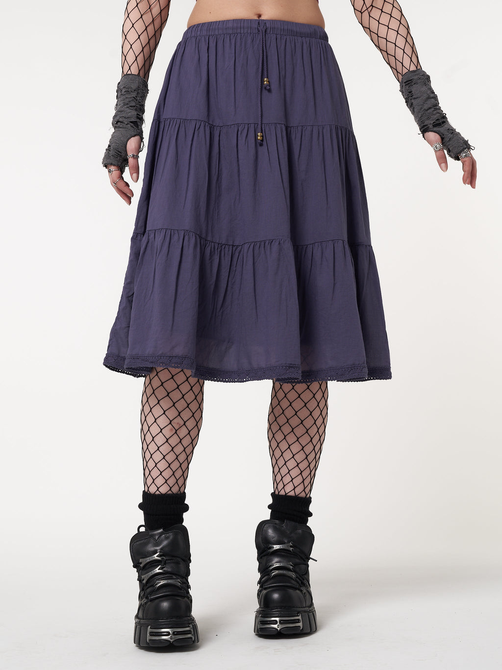 Purple Mist Ruffle Lace Midi Skirt - Minga London