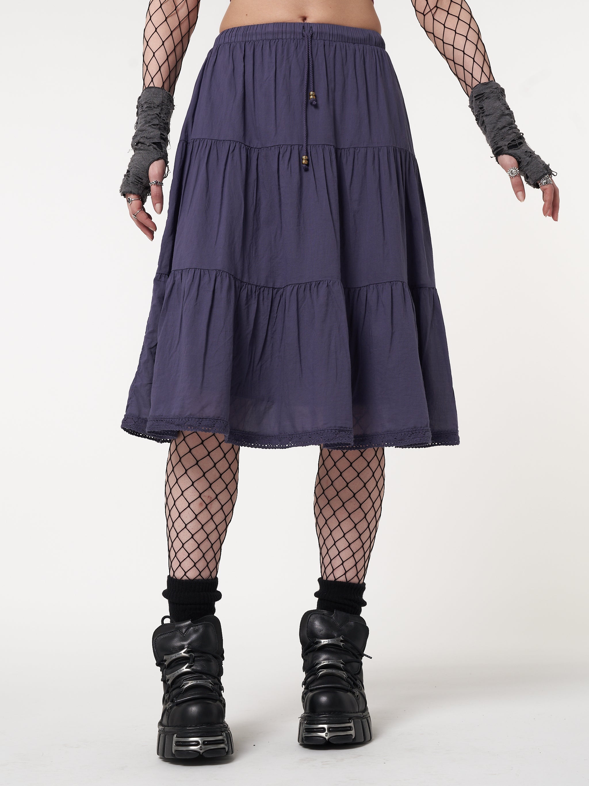 Purple Mist Ruffle Lace Midi Skirt - Minga London