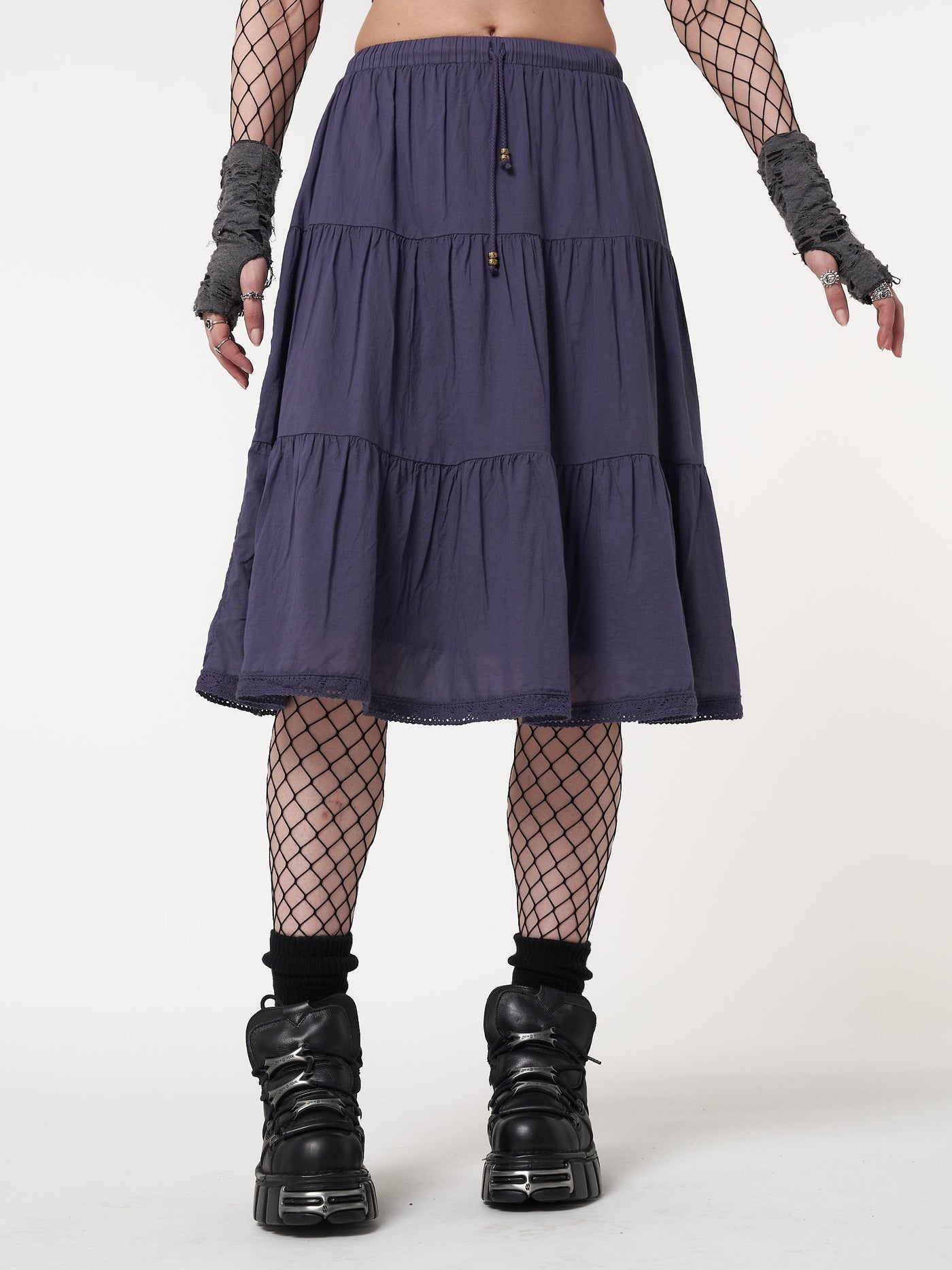 Purple Mist Ruffle Lace Midi Skirt - Minga London