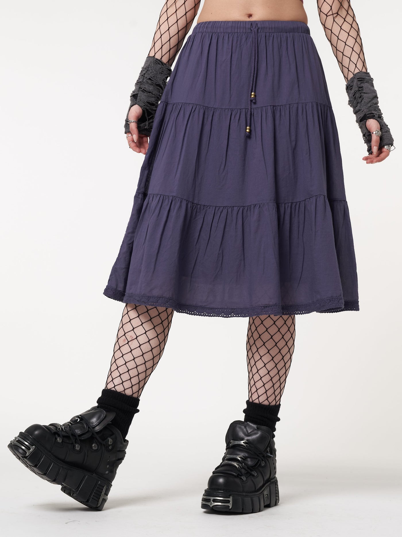 Purple Mist Ruffle Lace Midi Skirt - Minga London
