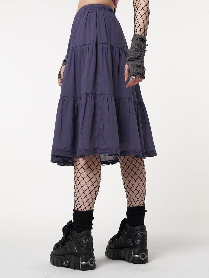 Purple Mist Ruffle Lace Midi Skirt - Minga London