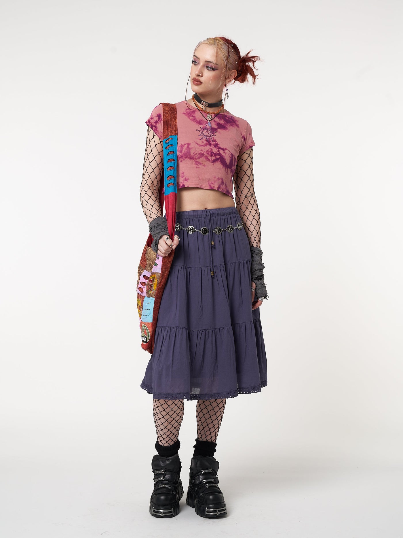 Purple Mist Ruffle Lace Midi Skirt - Minga London