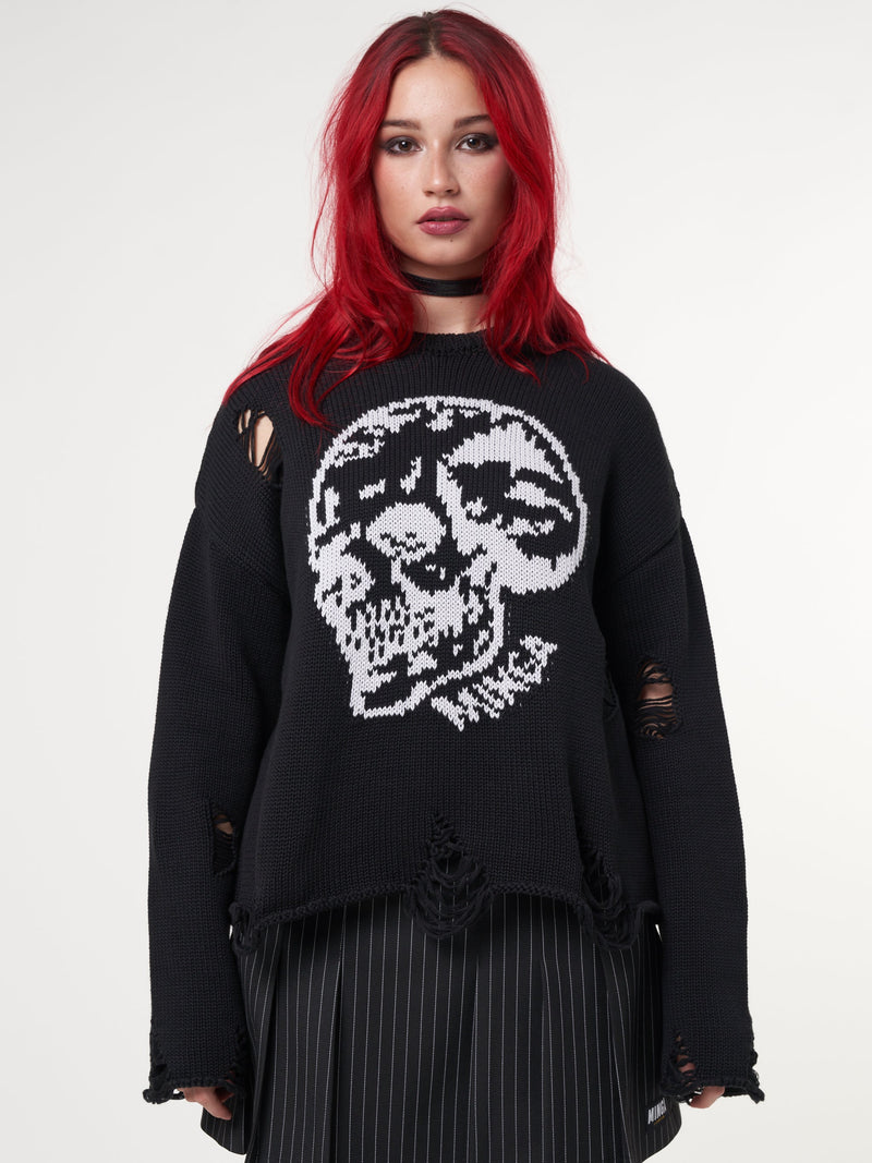 Skull Kid Black Distressed Jumper - Minga London