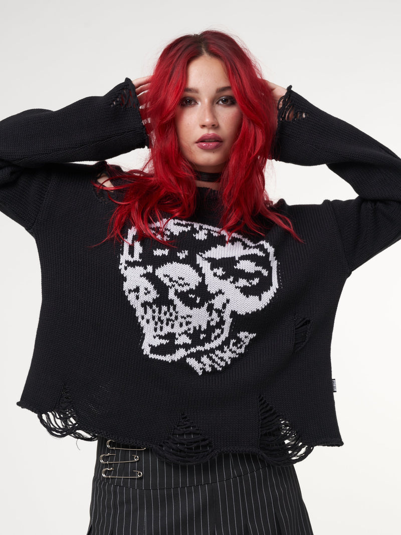 Skull Kid Black Distressed Jumper - Minga London