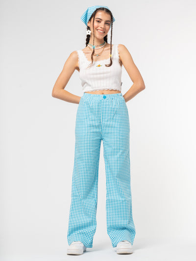 Sky Blue Gingham Palazzo Trousers - Minga London