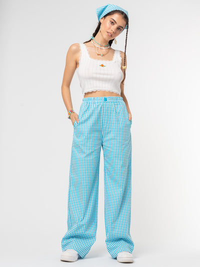 Sky Blue Gingham Palazzo Trousers - Minga London