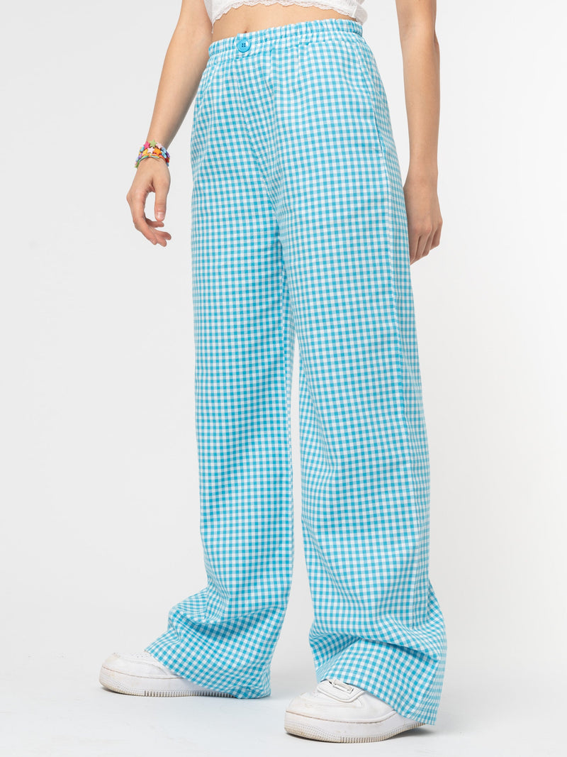 Sky Blue Gingham Palazzo Trousers - Minga London