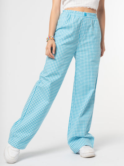 Sky Blue Gingham Palazzo Trousers - Minga London