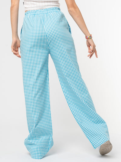 Sky Blue Gingham Palazzo Trousers - Minga London