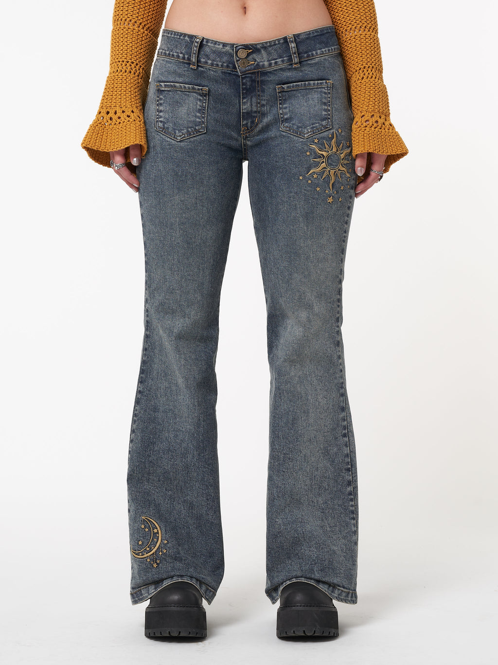 Stella Front Pocket Embroidered Flare Jeans - Minga London
