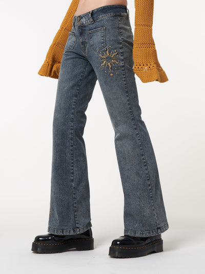 Stella Front Pocket Embroidered Flare Jeans - Minga London