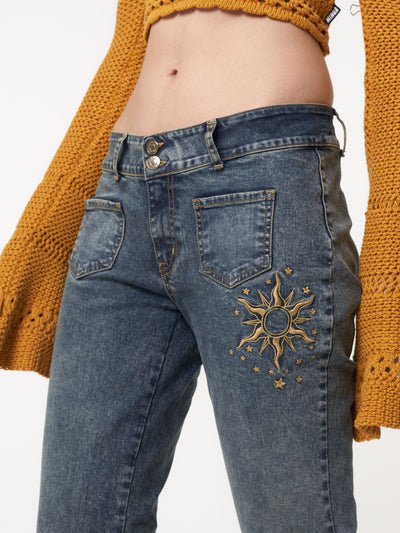Stella Front Pocket Embroidered Flare Jeans - Minga London