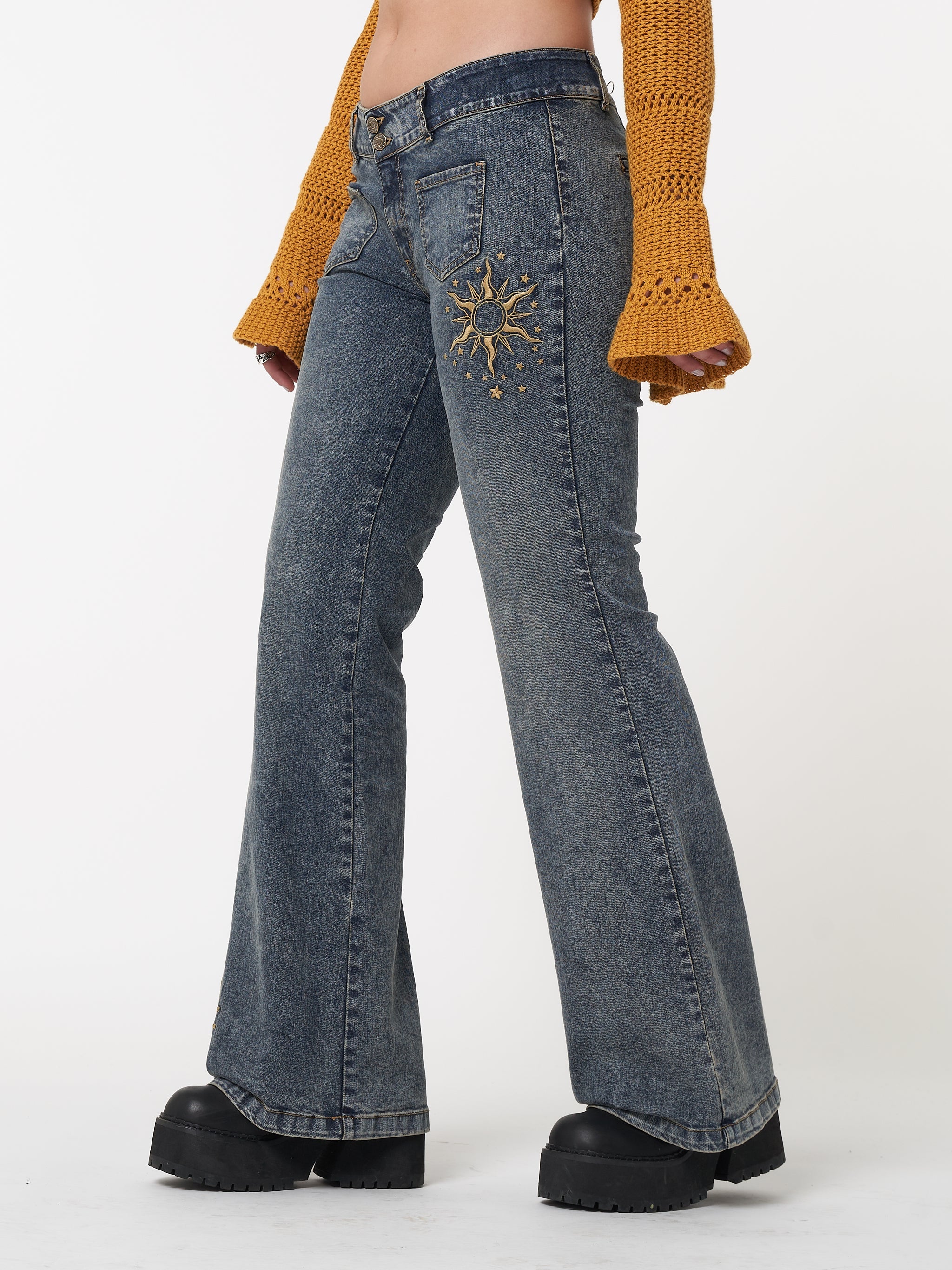 Stella Front Pocket Embroidered Flare Jeans - Minga London