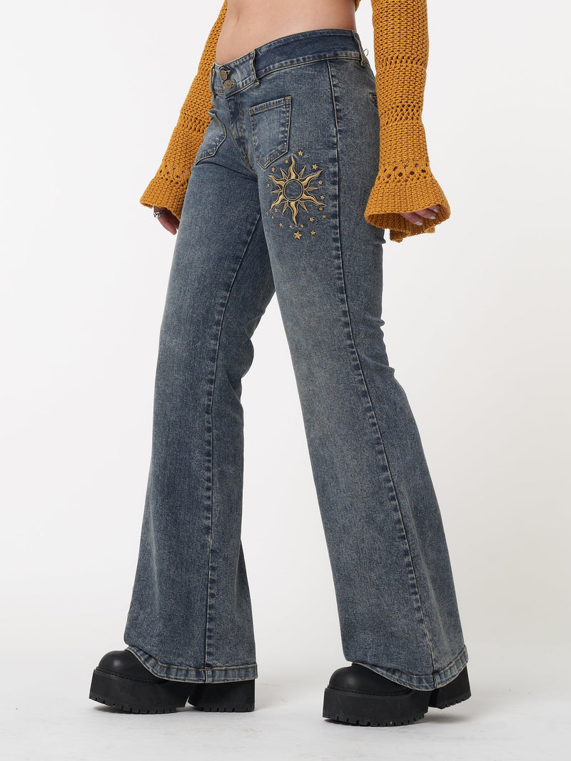 Stella Front Pocket Embroidered Flare Jeans - Minga London