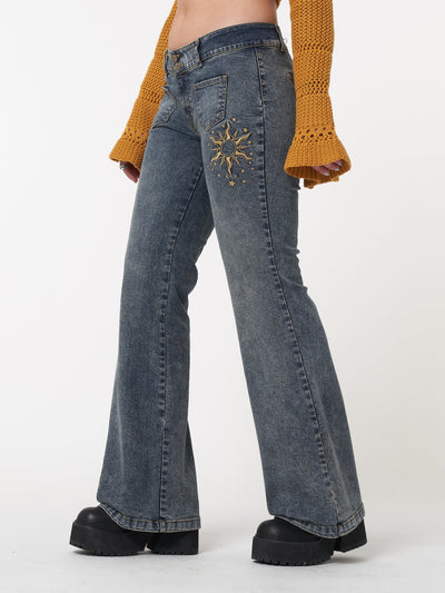 Stella Front Pocket Embroidered Flare Jeans - Minga London