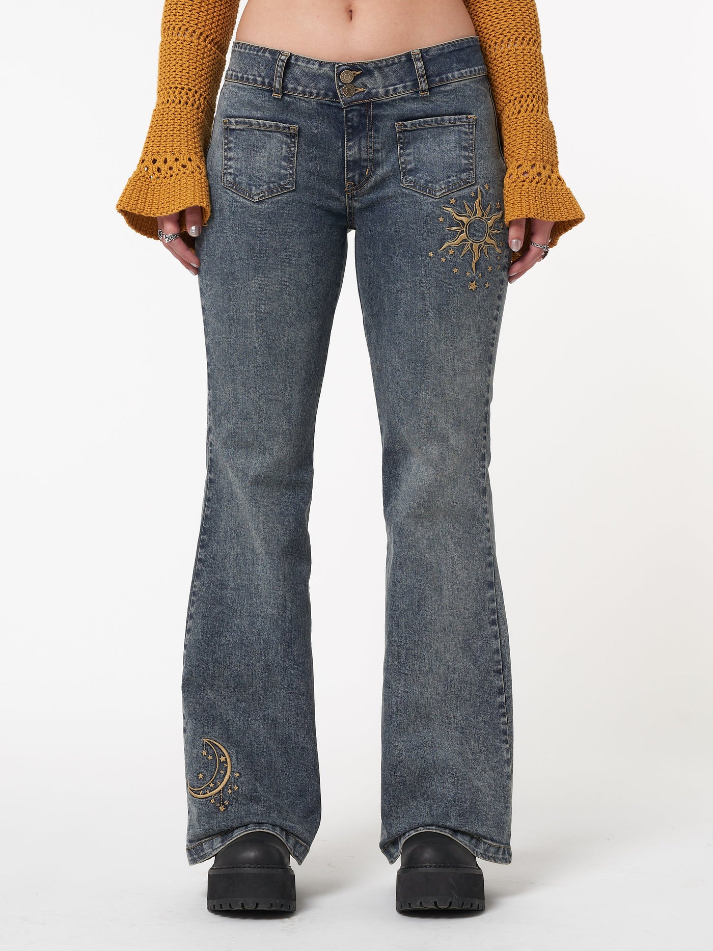 Stella Front Pocket Embroidered Flare Jeans - Minga London
