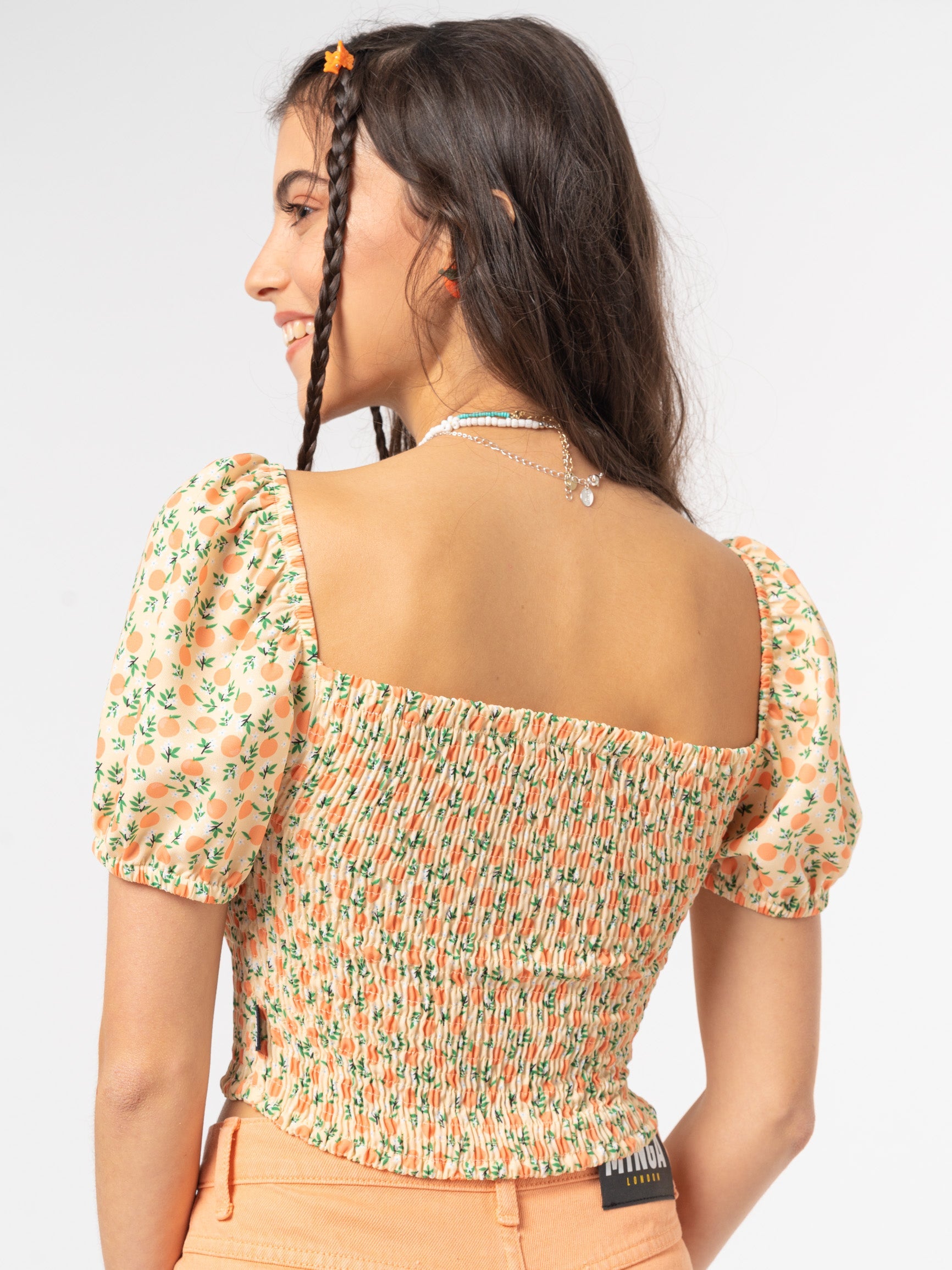 Fresh Oranges Shirred Puff Sleeve Top - Minga London