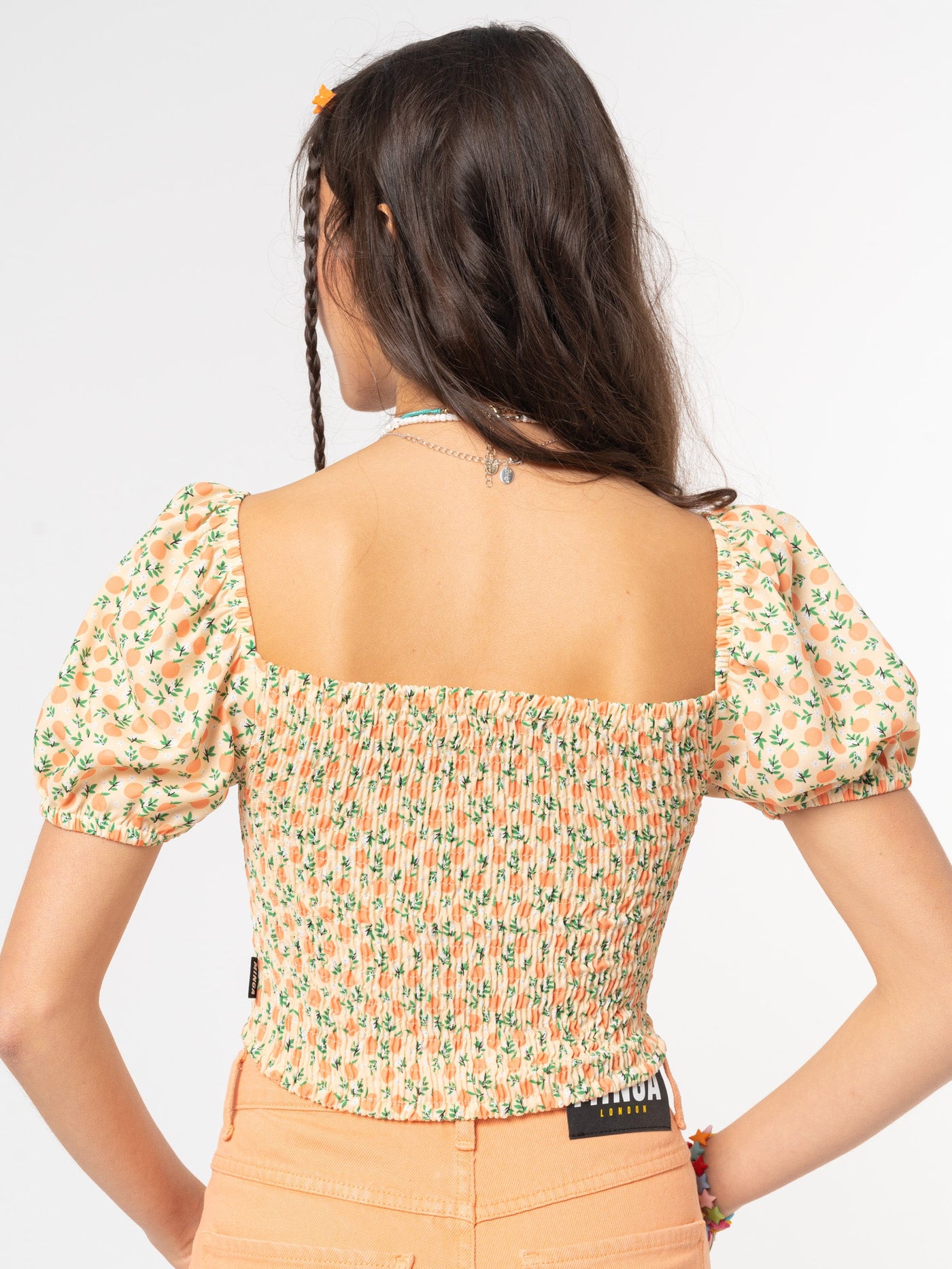 Fresh Oranges Shirred Puff Sleeve Top - Minga London