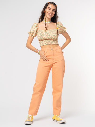 Fresh Oranges Shirred Puff Sleeve Top - Minga London