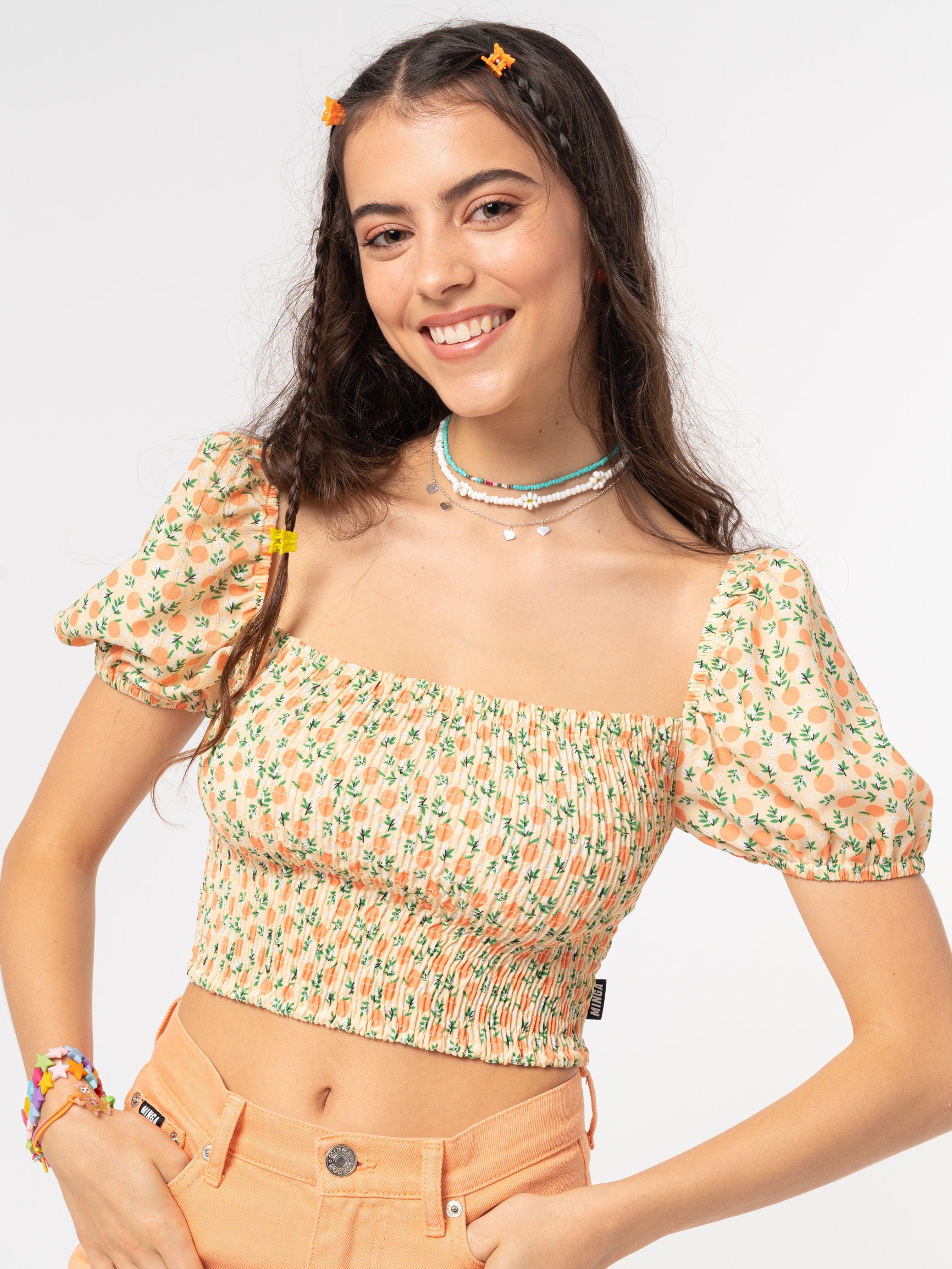 Fresh Oranges Shirred Puff Sleeve Top - Minga London